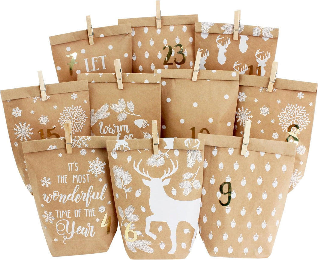 Papierdrachen Adventskalender Zum Befüllen - 24 Bedruckte Geschenktüten Und 24 Zahlenaufkleber Und Klammern - Motiv Cozy Winter Weiß - Zum Basteln Und Verschenken - Weihnachten