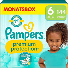 Lade das Bild in den Galerie-Viewer, Pampers Baby Windeln Größe 6 (13Kg+) Premium Protection, Extra Large, MONATSBOX, Bester Komfort Und Schutz Für Empfindliche Haut, 144 Stück
