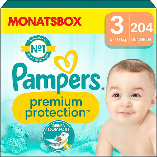 Pampers Baby Windeln Größe 3 (6-10Kg) Premium Protection, Midi, 204 Stück, MONATSBOX