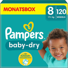 Lade das Bild in den Galerie-Viewer, Pampers Windeln Größe 8 (17Kg+) Baby-Dry, Extra Large, MONATSBOX, Bis Zu 12 Stunden Rundum-Auslaufschutz, (1Er Pack) 120 Stück
