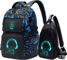 Lade das Bild in den Galerie-Viewer, Asge Rucksack Jungen Schulrucksack Mädchen Teenager Jugendliche Coole Schule Daypacks Kinder Reflektierender Schultasche Outdoor Camping Groß Schulranzen Wasserdicht Ranzen Schultertaschen Set
