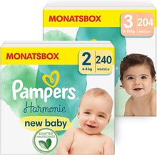 Lade das Bild in den Galerie-Viewer, Pampers Harmonie Baby Set Mit Windeln Größe 2 (4-8 Kg, 240 Stück) Und Größe 3 (6-10 Kg, 204 Stück), MONATSBOX, Baby Erstausstattung
