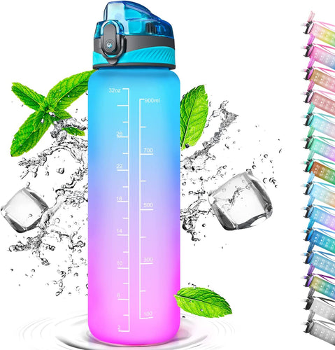 Auckpure Trinkflasche Mit Strohhalm 1L, Wasserflasche Mit Zeitmarkierungen, Wasserflasche Frei BPA, 1 Klick Öffnen in ​Water Bottle, Sportflasche, Fahrradflasche